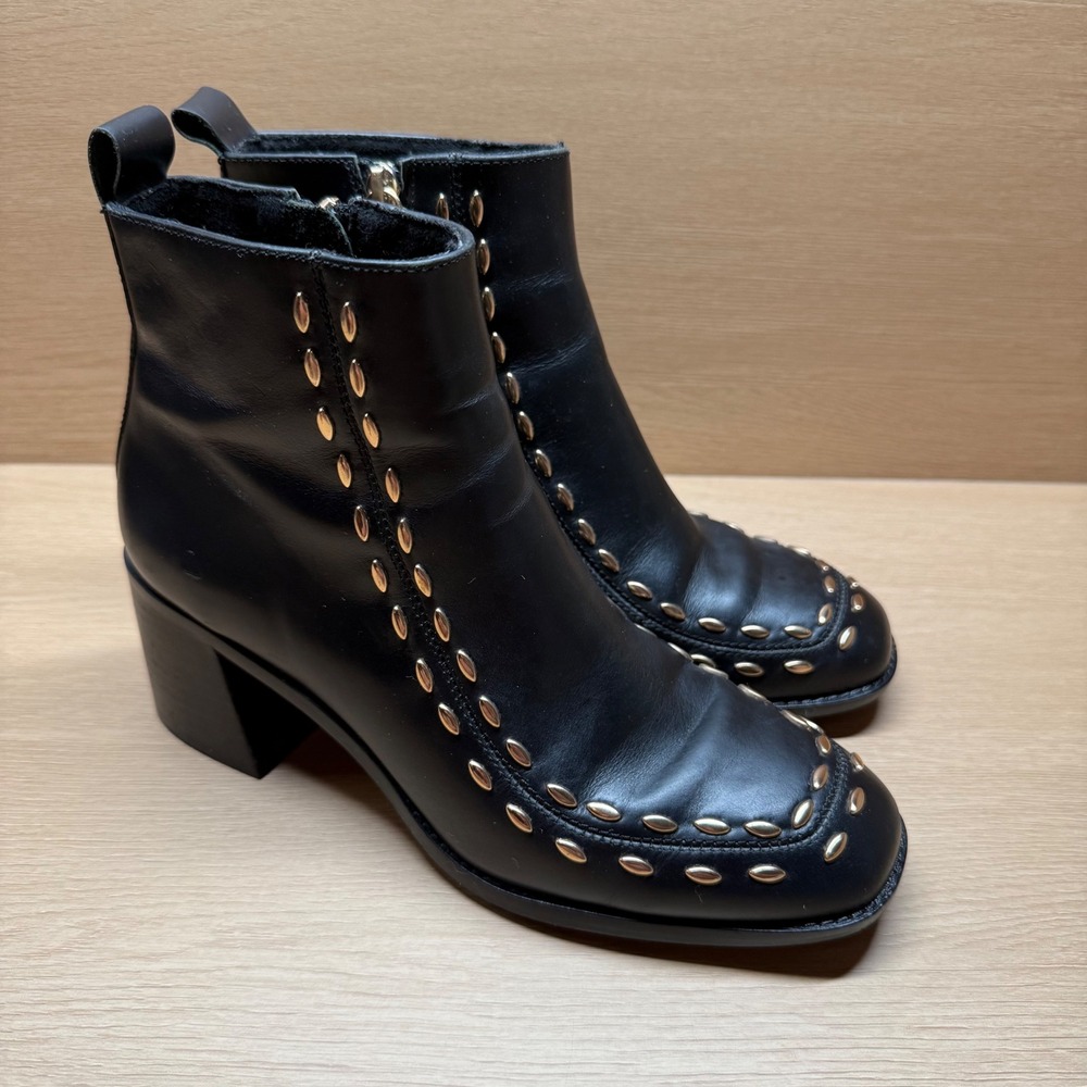 Kelsi Dagger Brooklyn Black Leather Studded Ankle Boots 7.5 Block Heel Booties